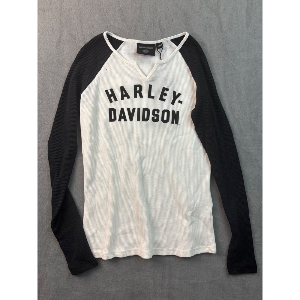 Harley-Davidson Womens Waffle Knit Raglan Long Sleeve Top White Black S